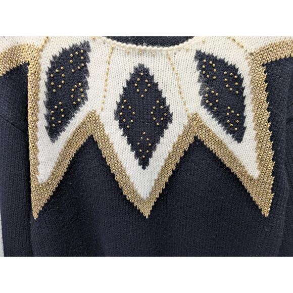 Vintage Dana Scott Womens L Sweater Black & Cream Gold Beads Party Holiday - Picture 3 of 8
